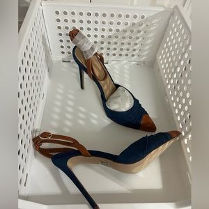Denim blue and brown leather pointed toe heels